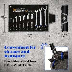 IRONCUBE 10-Piece Metric Ratcheting Combination Wrench Set 6mm To 18mm With Carrying Bag