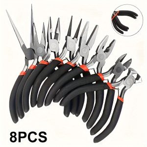 8-Piece Set of Precision Pliers: Bent Nose, Flat Nose, Top Cutting, Long Round Nose, Needle Nose, Round-Nose, Oblique Mouth Clamp, and Wire Pliers - Ideal for DIY Jewelry Making, Hobbies, and General Hand Tools - Carbon Steel Construction, No Power Required