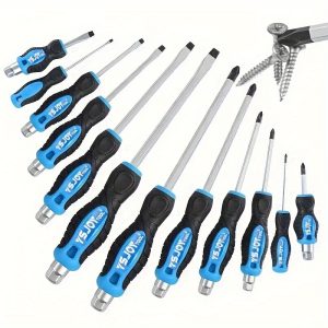 12-Piece Magnetic Screwdriver Set - Durable Metal Go-Thru, Multi-Size Phillips & Flat Head Tips, Ergonomic Grip, Professional Repair Tool Kit