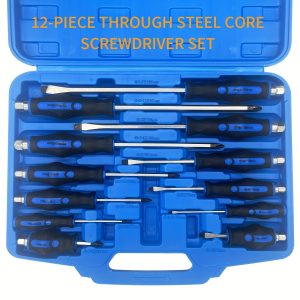 12pcs High Torque Screwdriver Set with Magnetic Bits - Go-Thru Steel Blades for Fastening, Chiseling & Seized Screws - Includes 6 Phillips & 6 Slotted Heads in Carry Case