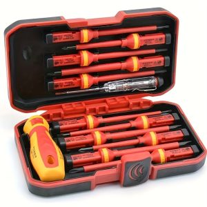 13-Piece Insulated Screwdriver Set, High Voltage Electrician Screwdrivers, Metal Material, Non-Electric Manual Power Supply, Interchangeable Flat & Phillips Heads with Carrying Case