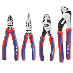 WORKPRO 4-Piece Pliers Set, Premium CR-V Construction Pliers Tool Sets Including Long Nose, Diagonal Cutting, Groove Joint And Slip Joint Pliers?Red?