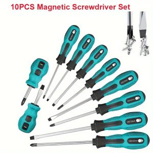 10pcs Magnetic Screwdriver Set with Phillips & Flathead Tips - Non-Slip, Ergonomic Handle for Home Repairs & Improvements